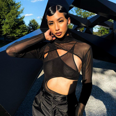 Fashion sexy mesh perspective tight long-sleeved bodysuit
