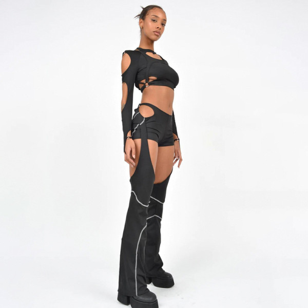 Irregular hollowed-out round neck, long sleeve, ultra-short, exposed navel pullover, high waist, slightly flared trousers, fashion suit
