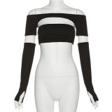 Women's sexy sleeve, one-line neck, hollowed-out chest wrap, open-waist T-shirt