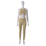 Solid color patch navel vest tights casual suit