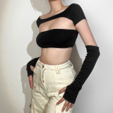 Women's sexy sleeve, one-line neck, hollowed-out chest wrap, open-waist T-shirt