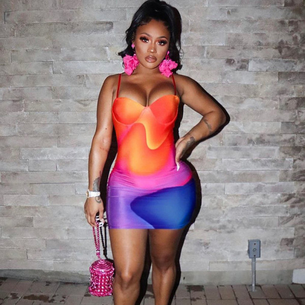 Tie-dye contrast print chest wrap suspender backless tight buttock sexy hot girl fashion dress
