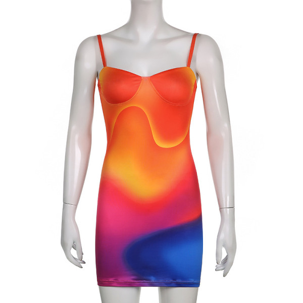 Tie-dye contrast print chest wrap suspender backless tight buttock sexy hot girl fashion dress