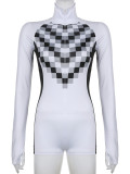 Checkered contrast print half-high neck zippered long-sleeved bodysuit shorts