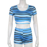 Women's striped tie-dye contrast printed round neck short-sleeved pullover T-shirt+two-piece high-waisted three-piece pants