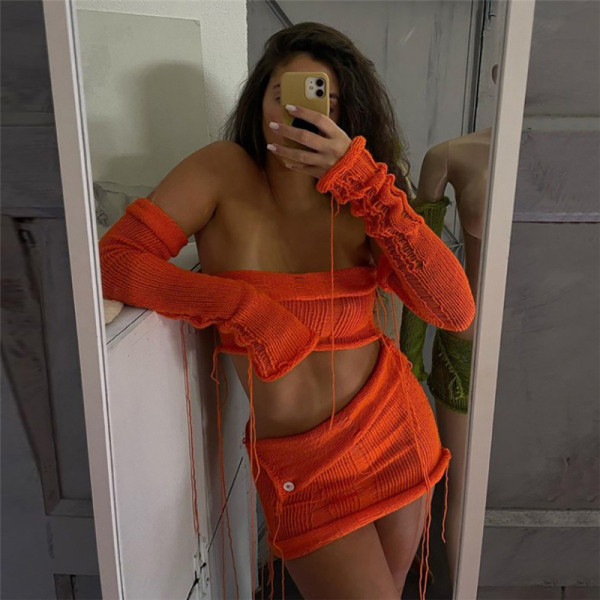 Women's sexy bra with exposed navel perspective high waist fringed irregular skirt suit