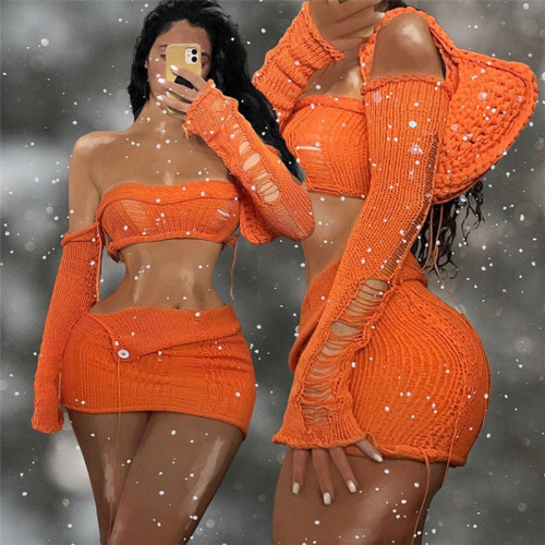 Women's sexy bra with exposed navel perspective high waist fringed irregular skirt suit