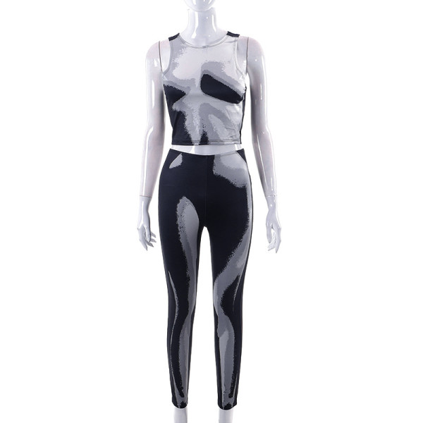 Fashion printing sleeveless round neck T-shirt trousers casual suit