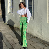 Fashion street water ripple contrast print high waist slim straight elastic display pants