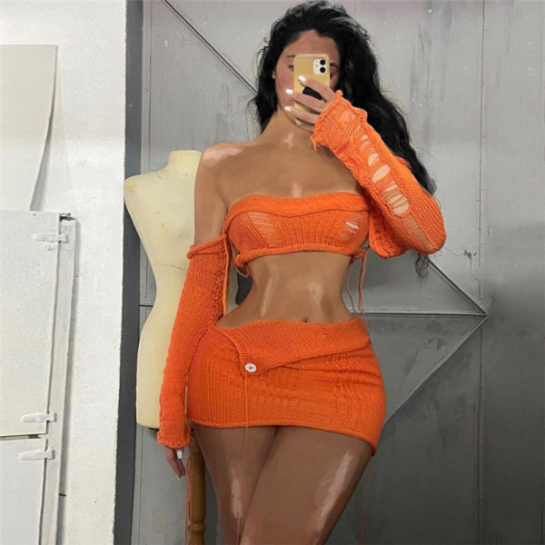 Women's sexy bra with exposed navel perspective high waist fringed irregular skirt suit
