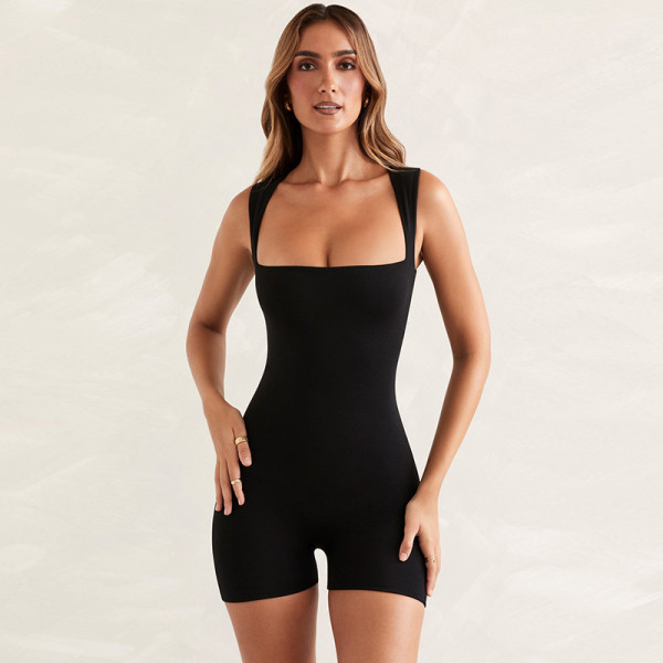 Solid color high waist tight sports yoga jumpsuit short