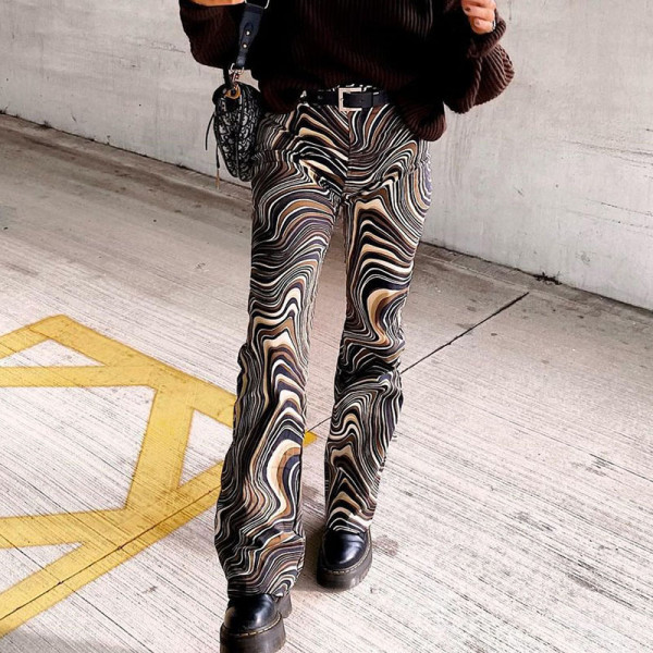 Fashion street water ripple contrast print high waist slim straight elastic display pants