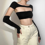 Women's sexy sleeve, one-line neck, hollowed-out chest wrap, open-waist T-shirt