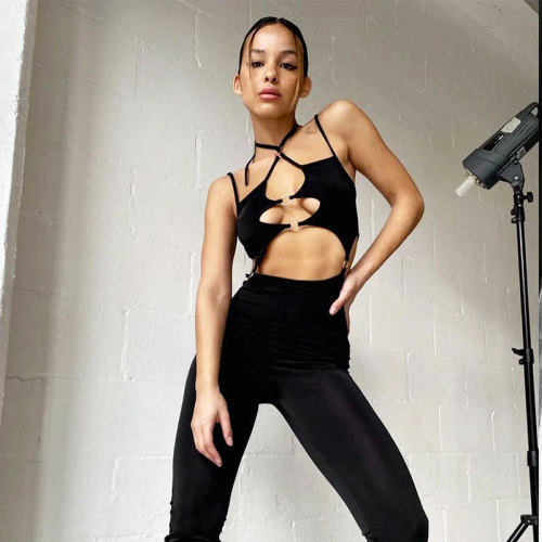 Sexy hollow cross-border solid color tight women's casual pants
