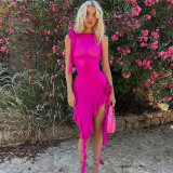 Women's see-through mesh sexy backless lace-up patchwork ear hem dress