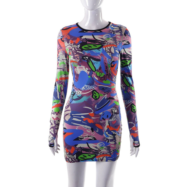 Graffiti print casual fashion long-sleeved slim short dress