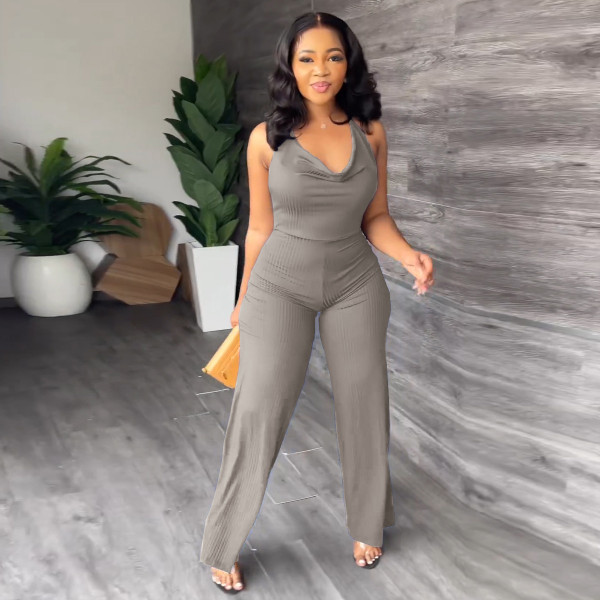 Pit-striped fabric V pile neck lace-up open back casual wide leg pants jumpsuit