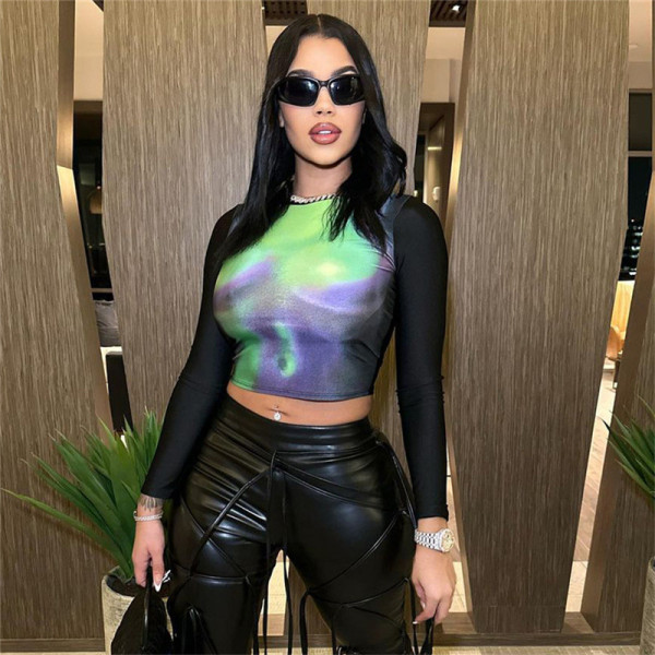 Women's fashion color contrast round neck fitted bottom shirt for outer wear