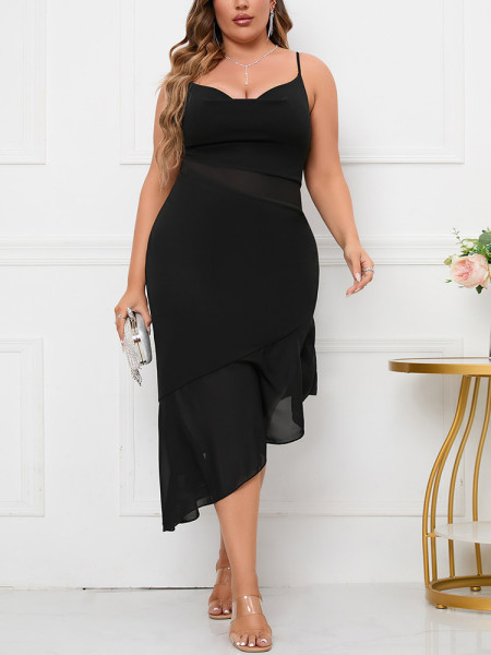 Large women's dress chiffon perspective pile neck irregular sling dress
