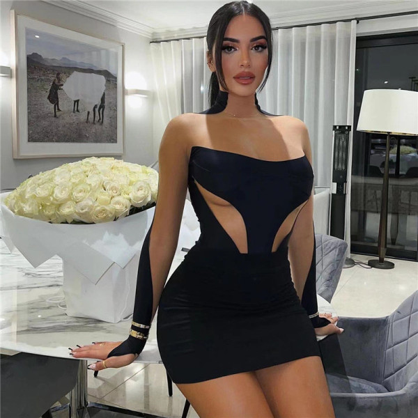 Women's sexy perspective mesh patchwork contrast buttock dress