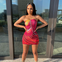 Fashion Stripe Print Off Shoulder Casual Wrap Hip Dress