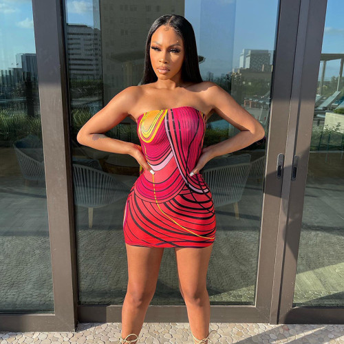Fashion Stripe Print Off Shoulder Casual Wrap Hip Dress