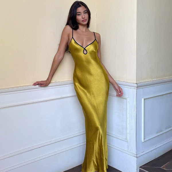 Solid color sexy suspender strapless backless dress high waist dress