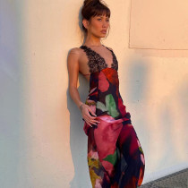 Women's fashion lace suspender sexy backless slim print dress