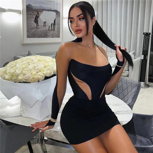 Women's sexy perspective mesh patchwork contrast buttock dress
