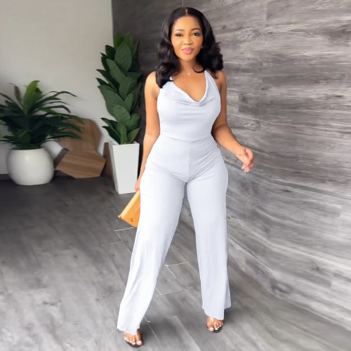 Pit-striped fabric V pile neck lace-up open back casual wide leg pants jumpsuit