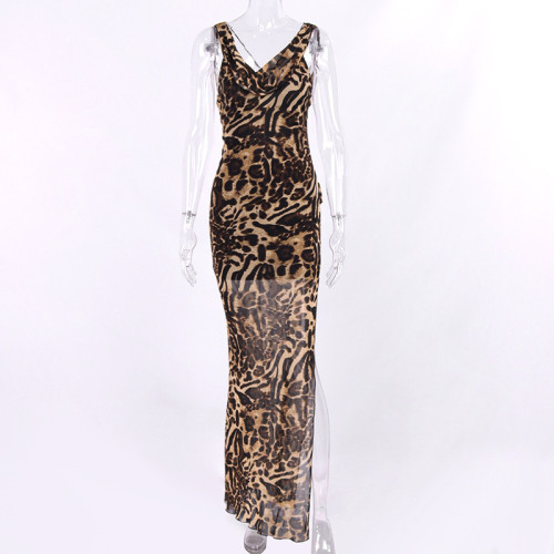 Mesh dress sexy print leopard print high split open back pile neck dress