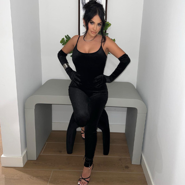 Finger long sleeve solid color sling exercise yoga jumpsuit