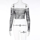 Women's sexy screen printing long-sleeved off shoulder top short T-shirt