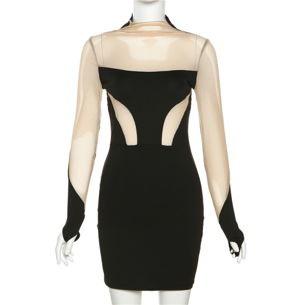 Women's sexy perspective mesh patchwork contrast buttock dress