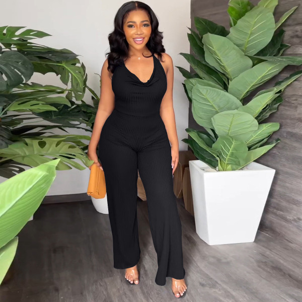 Pit-striped fabric V pile neck lace-up open back casual wide leg pants jumpsuit