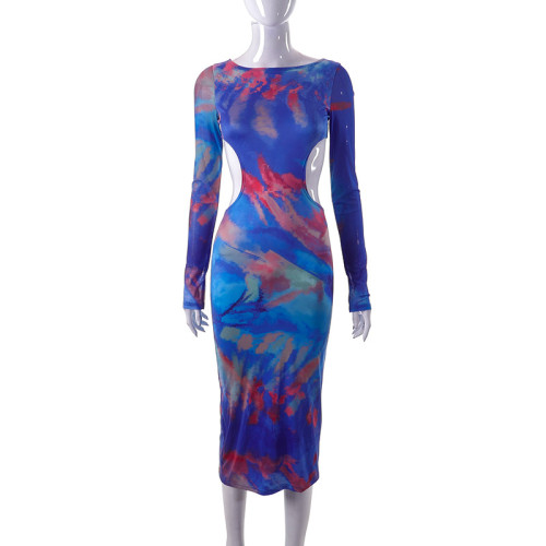 Printed long-sleeved open-back hollowed-out mesh pleated buttock dress