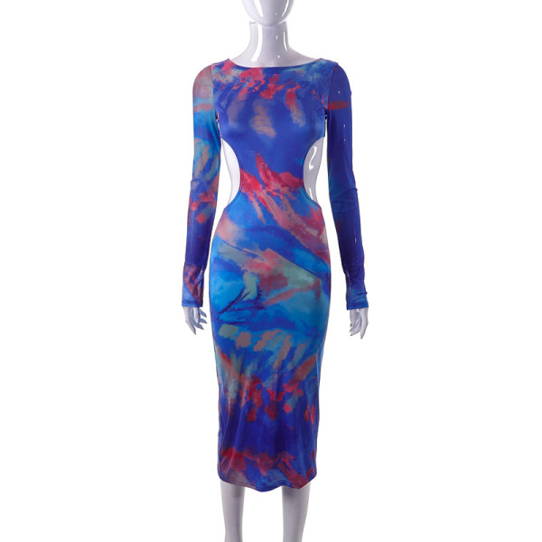 Printed long-sleeved open-back hollowed-out mesh pleated buttock dress