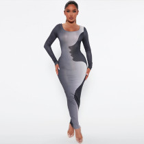 Color-blocking portrait casual U-neck long sleeve slim long dress