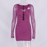 Sexy gauze dress fashion hollow square neck perspective backpack hip mini dress dress