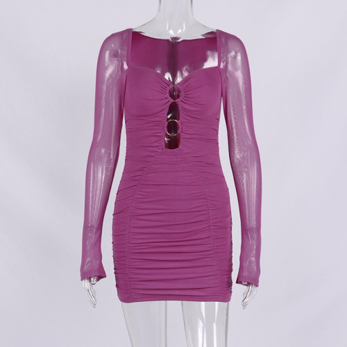 Sexy gauze dress fashion hollow square neck perspective backpack hip mini dress dress