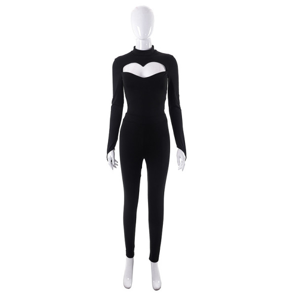 Solid color casual love hollow fit long-sleeved trousers suit