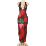 Women's fashion lace suspender sexy backless slim print dress