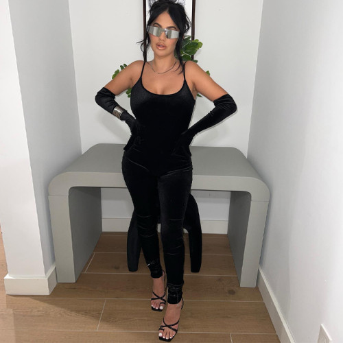 Finger long sleeve solid color sling exercise yoga jumpsuit
