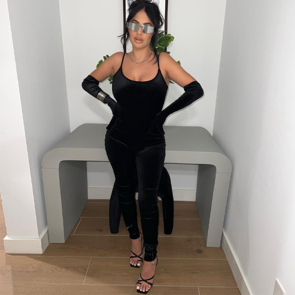 Finger long sleeve solid color sling exercise yoga jumpsuit