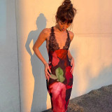Women's fashion lace suspender sexy backless slim print dress
