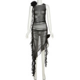 Women's see-through mesh sexy backless lace-up patchwork ear hem dress
