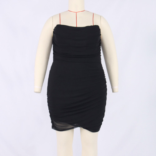 Fat Sister Large Women's Dress Mesh fishbone off-shoulder pleated buttock bra dress