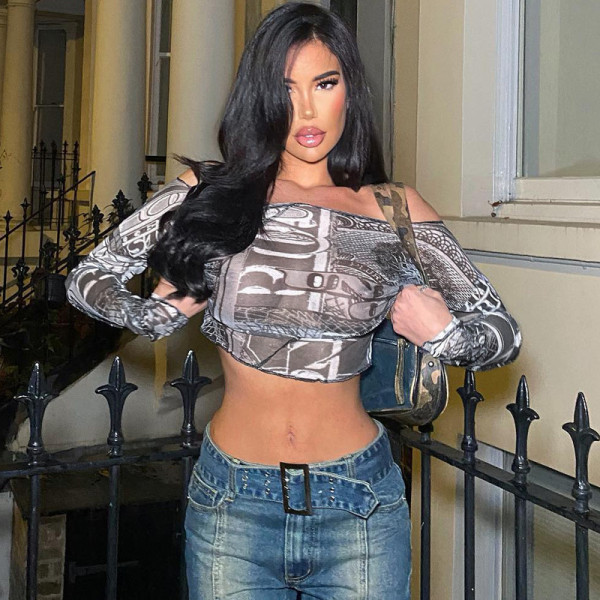 Women's sexy screen printing long-sleeved off shoulder top short T-shirt