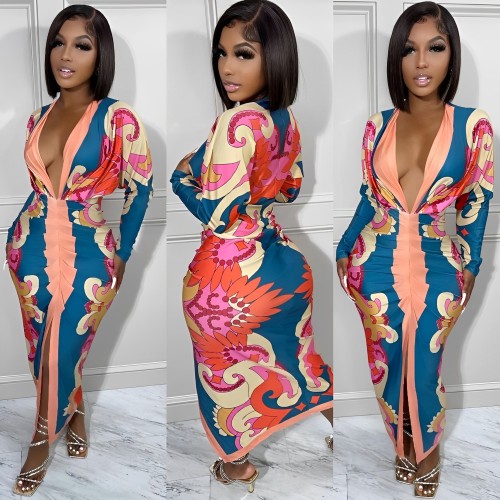 Women's polyester V-neck tight skirt dress