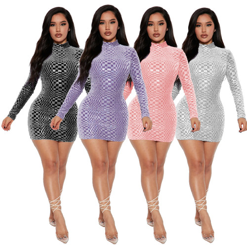 Long sleeve buttock skirt sequin round neck slim dress